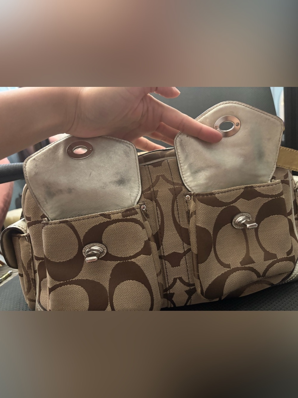 VTG Coach Beige Signature Satchel with Metallic + Gold Wallet - Picture 10 of 16